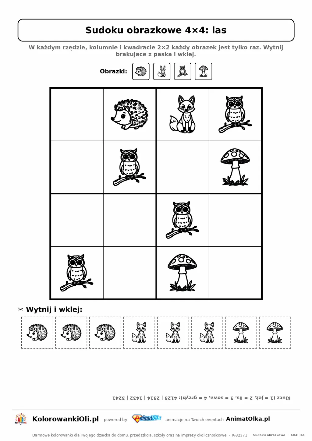 Sudoku obrazkowe 4×4 z motywem las — karta pracy do druku z kafelkami do wycięcia i kluczem, 4–6 lat