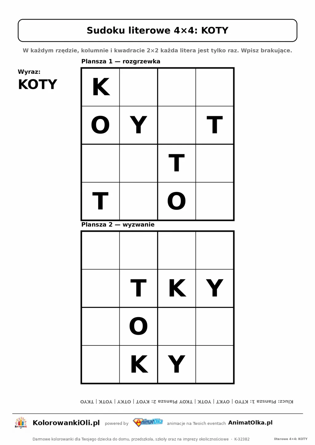 Sudoku literowe 4×4 z wyrazem KOTY — dwie plansze do wpisania liter, karta pracy A4 z kluczem, 5–7 lat