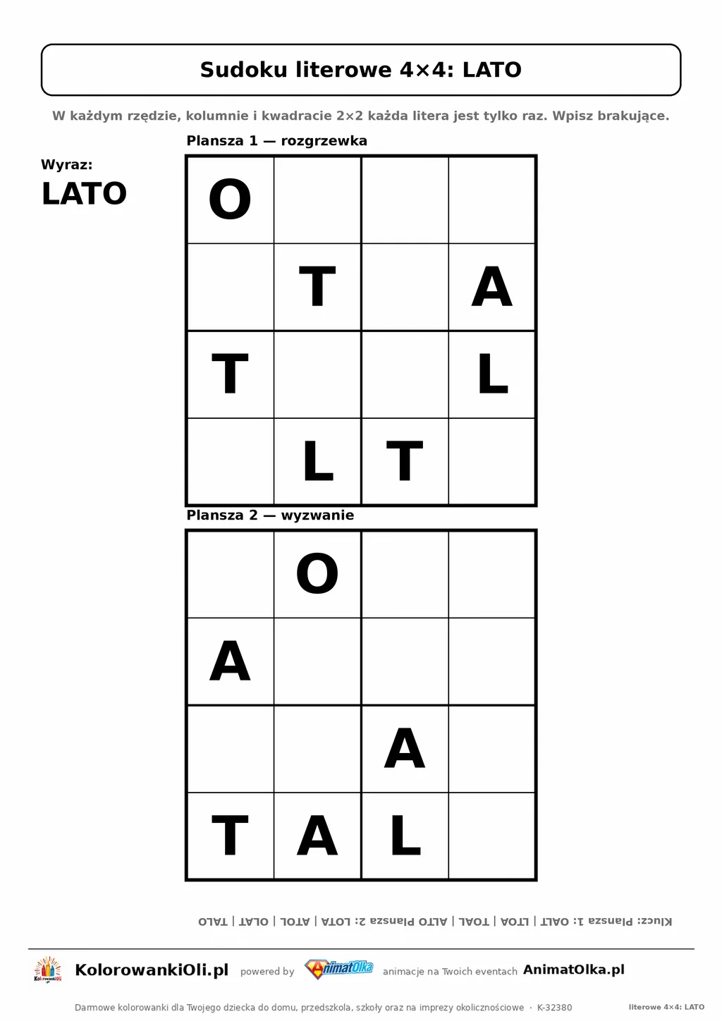 Sudoku literowe 4×4 z wyrazem LATO — dwie plansze do wpisania liter, karta pracy A4 z kluczem, 5–7 lat