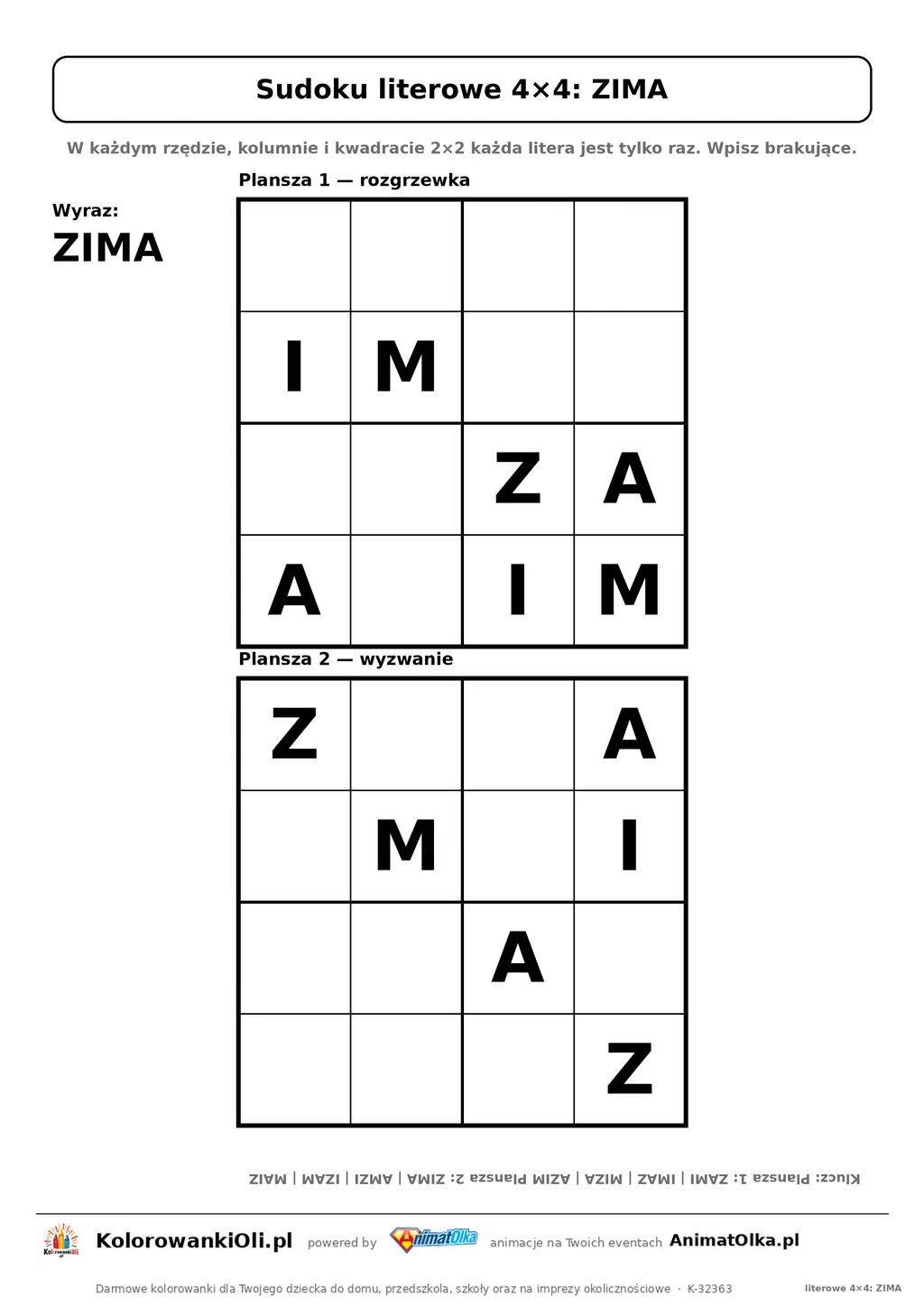 Sudoku literowe 4×4 z wyrazem ZIMA — dwie plansze do wpisania liter, karta pracy A4 z kluczem, 5–7 lat
