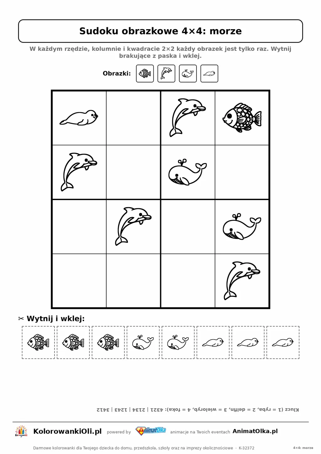 Sudoku obrazkowe 4×4 z motywem morze — karta pracy do druku z kafelkami do wycięcia i kluczem, 4–6 lat