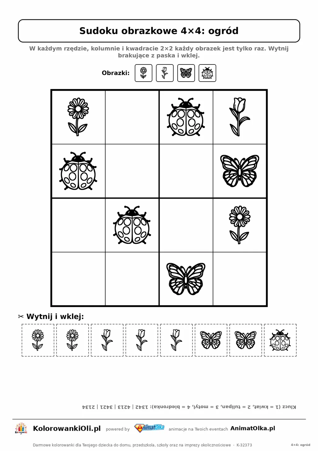 Sudoku obrazkowe 4×4 z motywem ogród — karta pracy do druku z kafelkami do wycięcia i kluczem, 4–6 lat