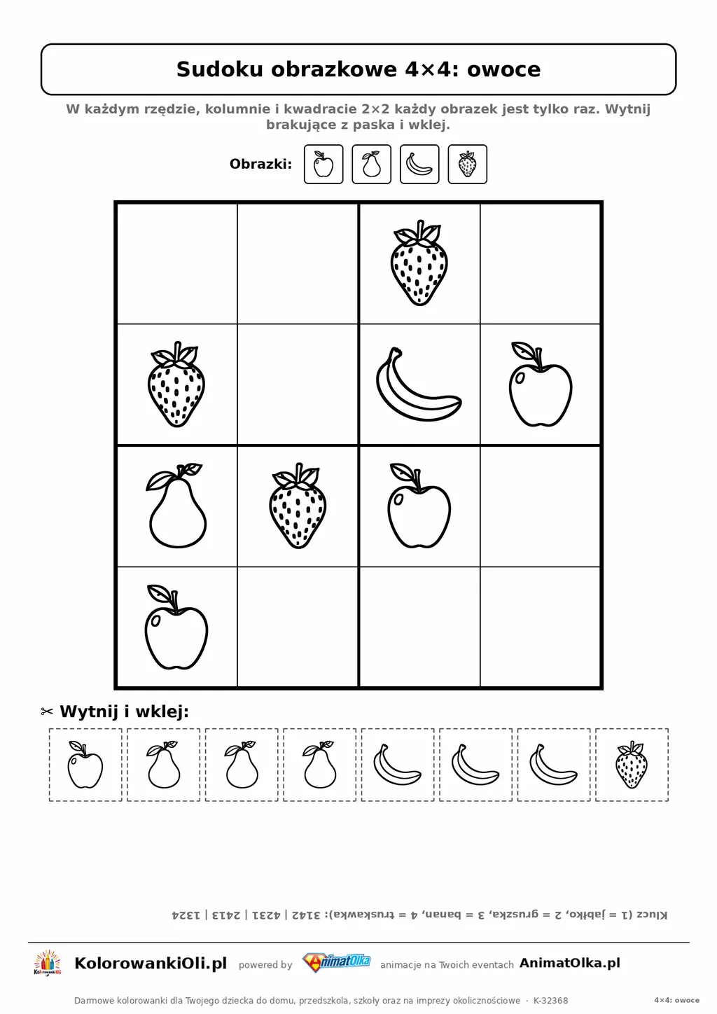 Sudoku obrazkowe 4×4 z motywem owoce — karta pracy do druku z kafelkami do wycięcia i kluczem, 4–6 lat
