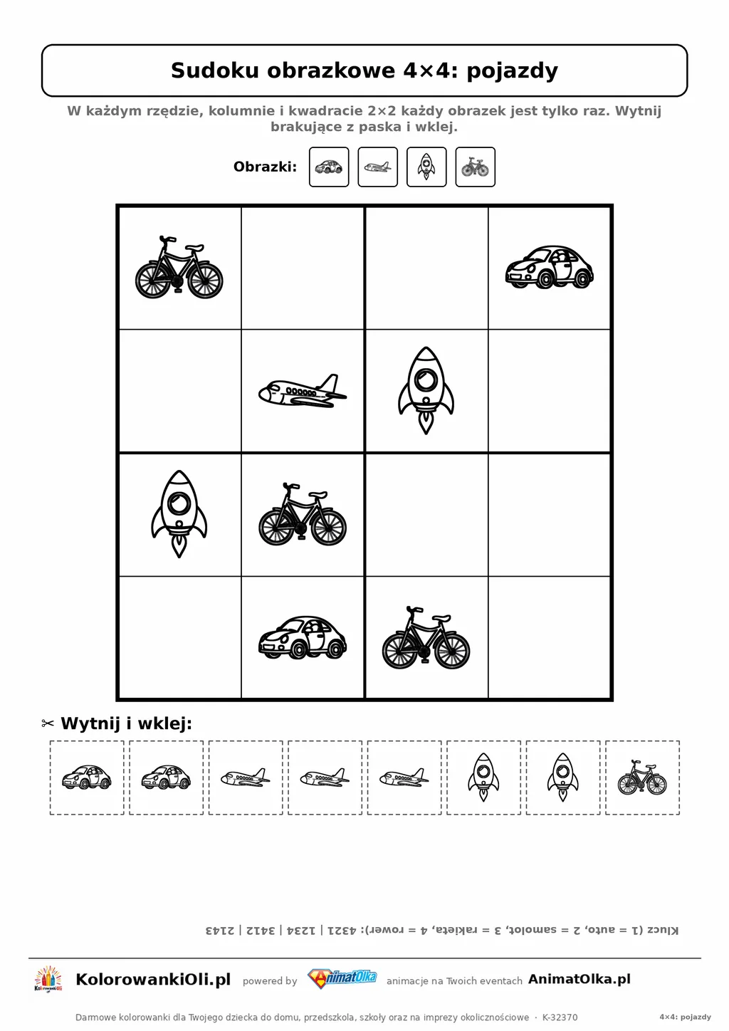 Sudoku obrazkowe 4×4 z motywem pojazdy — karta pracy do druku z kafelkami do wycięcia i kluczem, 4–6 lat