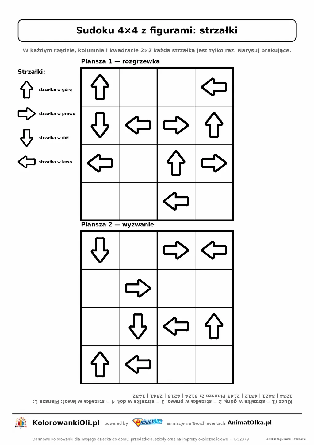 Sudoku 4×4 z figurami (strzałki) do narysowania — dwie plansze na kartce A4 z kluczem, 5–7 lat