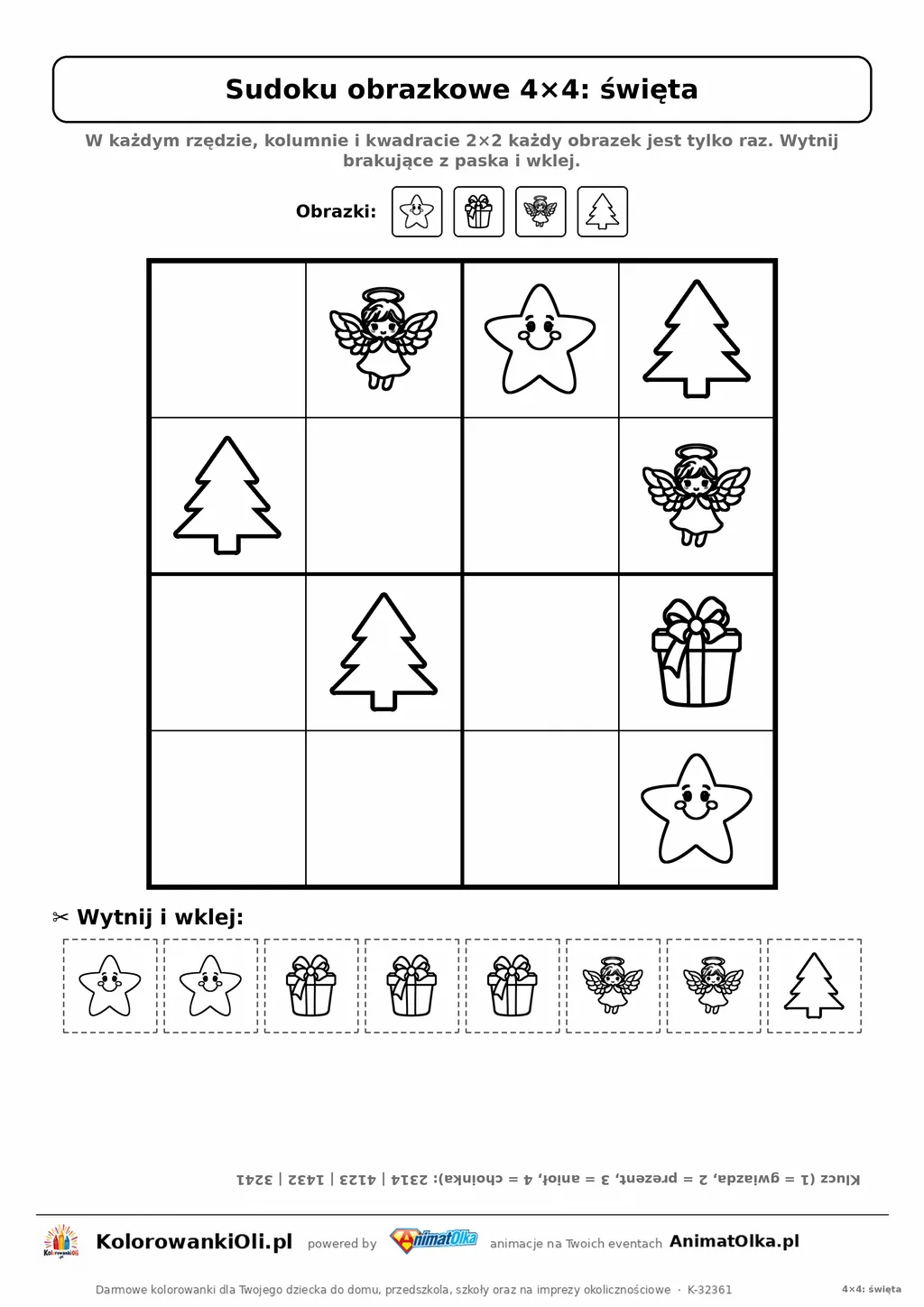 Sudoku obrazkowe 4×4 z motywem święta — karta pracy do druku z kafelkami do wycięcia i kluczem, 4–6 lat