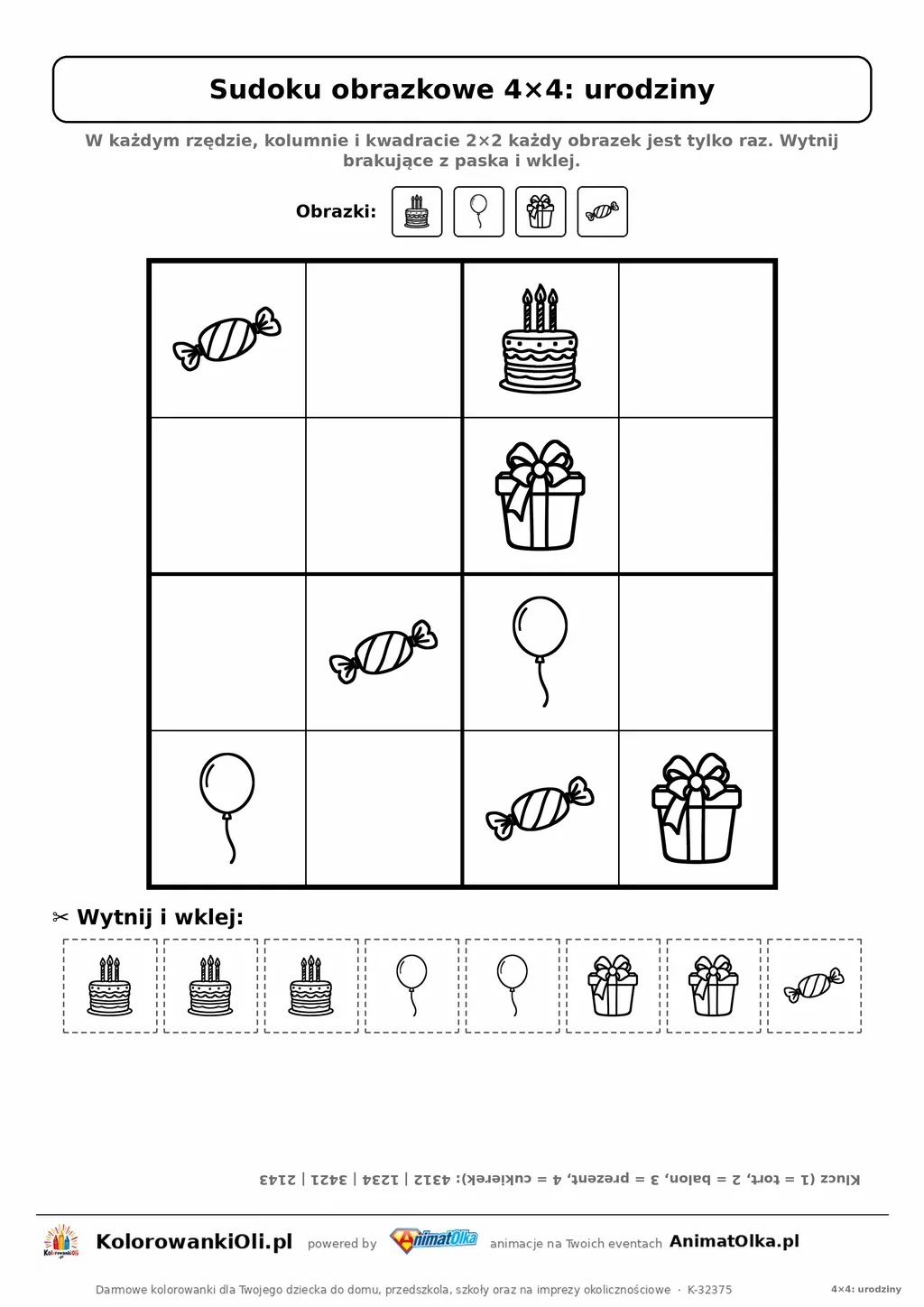 Sudoku obrazkowe 4×4 z motywem urodziny — karta pracy do druku z kafelkami do wycięcia i kluczem, 4–6 lat