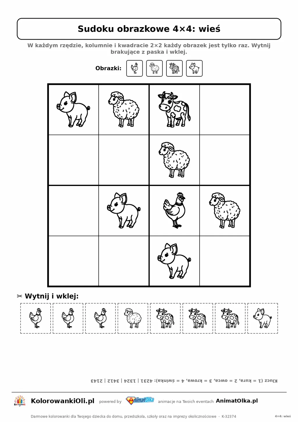 Sudoku obrazkowe 4×4 z motywem wieś — karta pracy do druku z kafelkami do wycięcia i kluczem, 4–6 lat