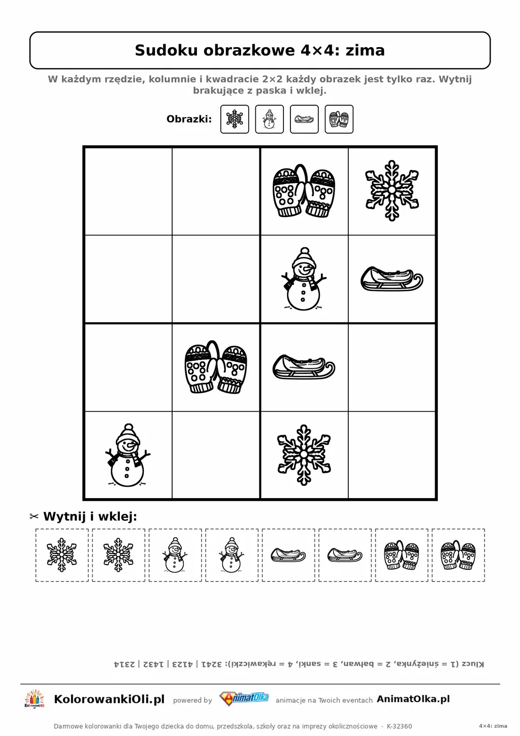 Sudoku obrazkowe 4×4 z motywem zima — karta pracy do druku z kafelkami do wycięcia i kluczem, 4–6 lat