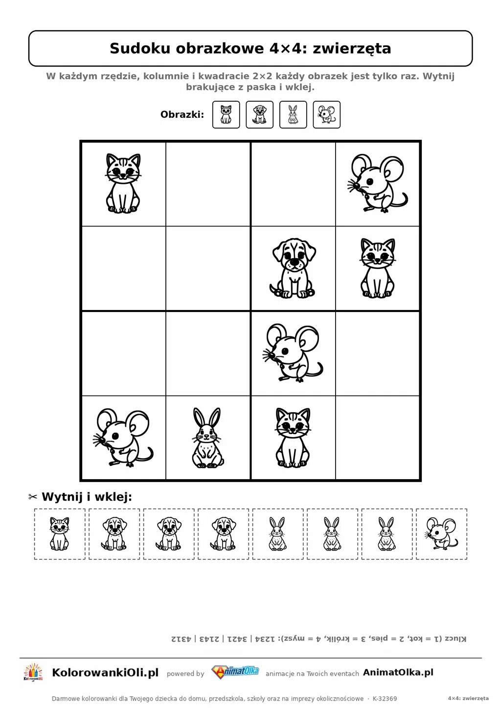Sudoku obrazkowe 4×4 z motywem zwierzęta — karta pracy do druku z kafelkami do wycięcia i kluczem, 4–6 lat