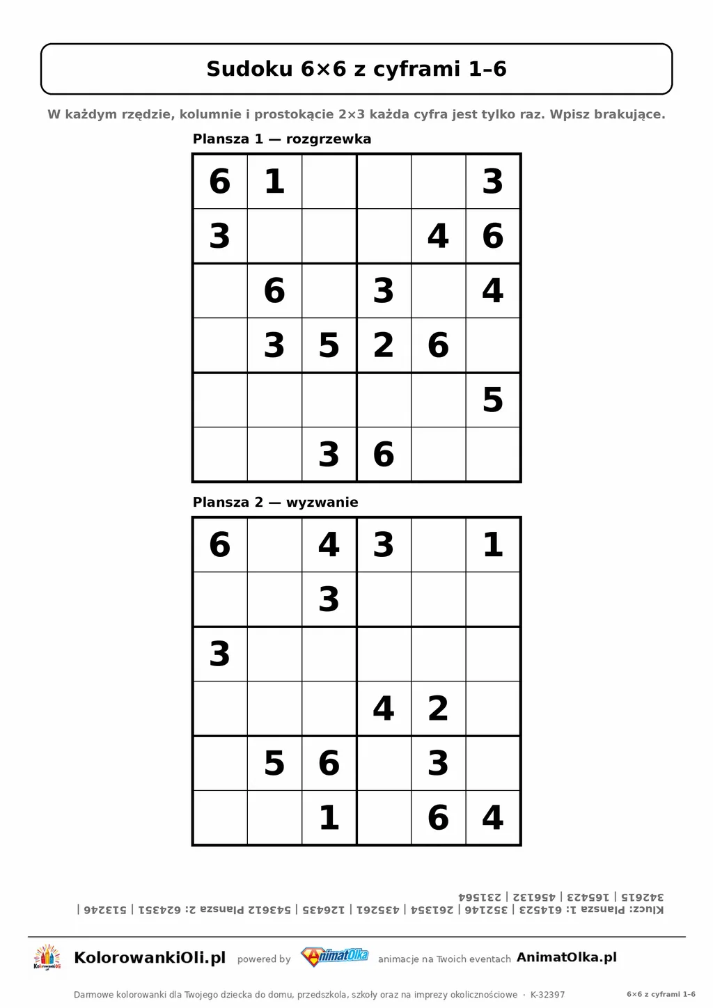 Sudoku 6×6 z cyframi 1–6 dla klas 2–3 — dwie plansze (16 i 14 podpowiedzi) na jednej kartce A4, z kluczem