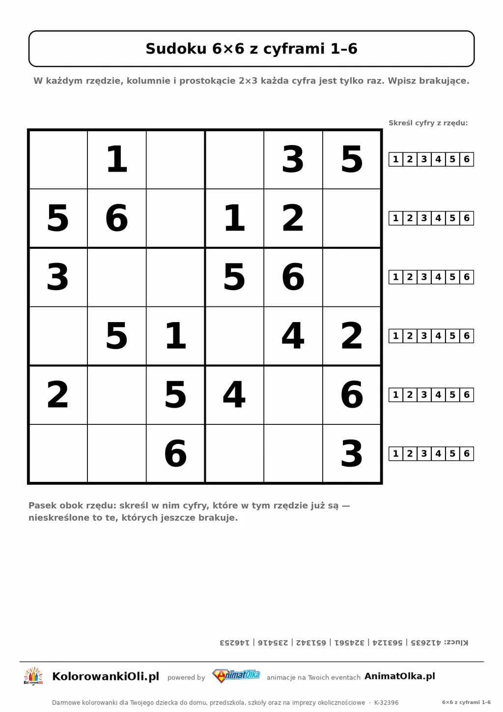 Sudoku 6×6 z cyframi 1–6 dla klas 1–2 — łatwa plansza z 20 podpowiedziami, paskiem cyfr do skreślania i kluczem