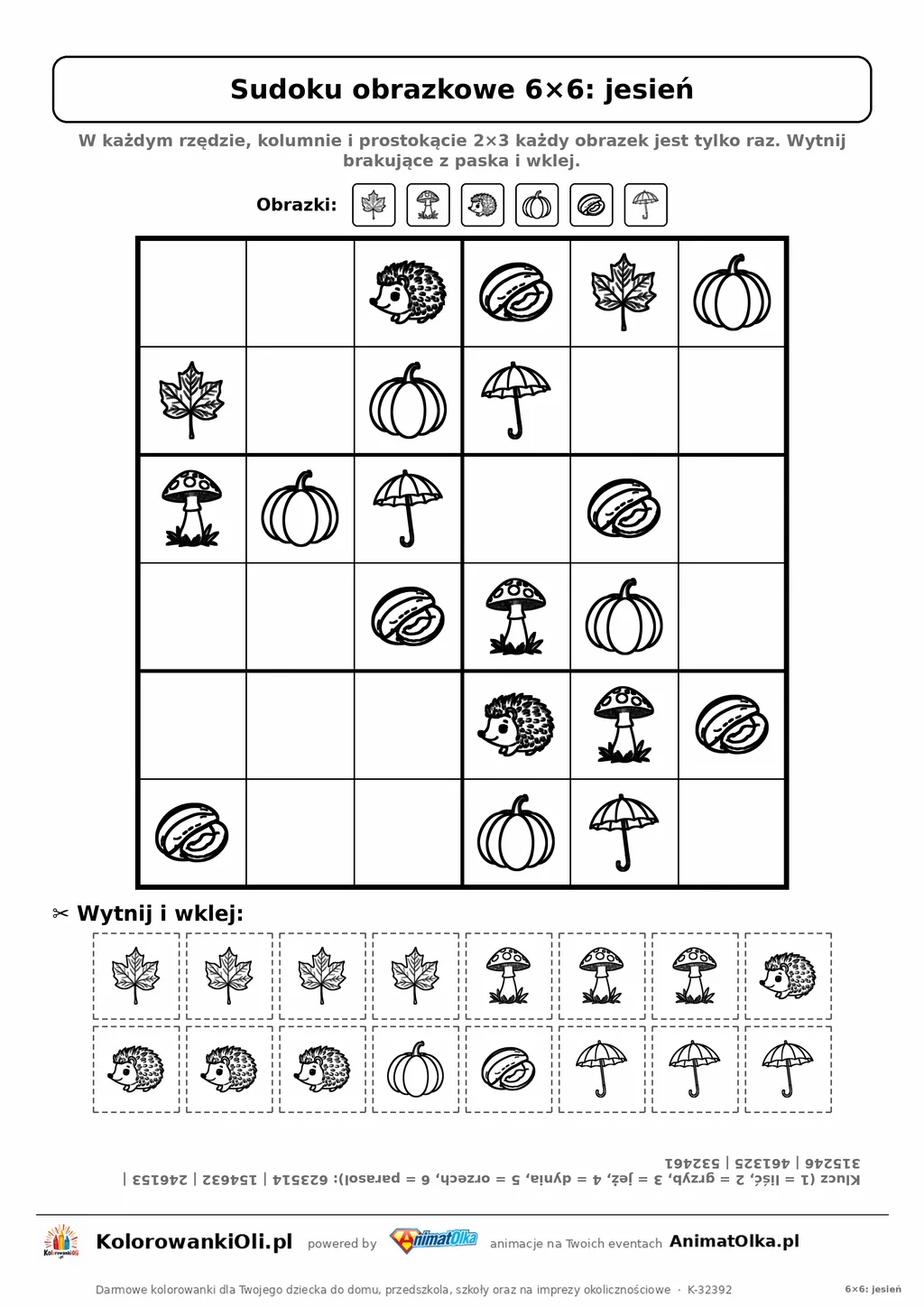 Sudoku obrazkowe 6×6 z motywem jesień — karta pracy do druku z 16 kafelkami do wycięcia i kluczem, 6–8 lat