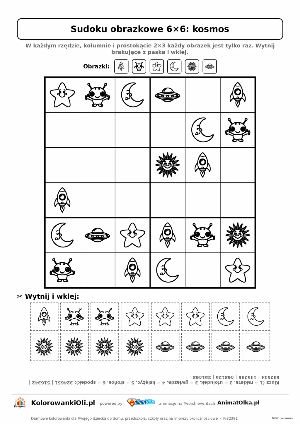 Sudoku obrazkowe 6×6 z motywem kosmos — karta pracy do druku z 16 kafelkami do wycięcia i kluczem, 6–8 lat