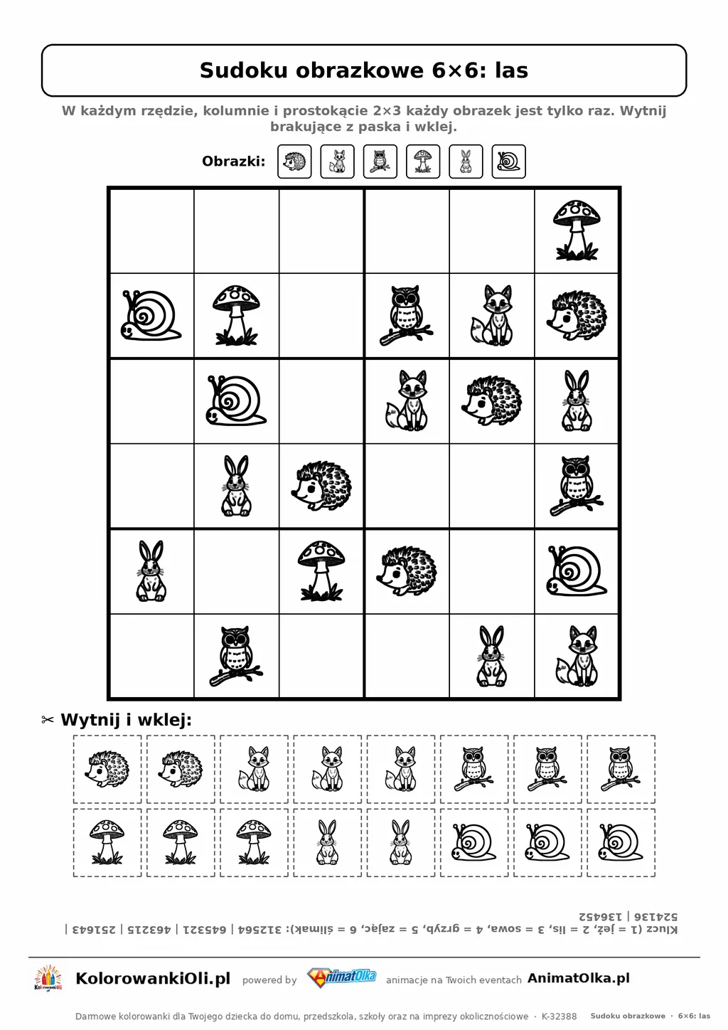 Sudoku obrazkowe 6×6 z motywem las — karta pracy do druku z 16 kafelkami do wycięcia i kluczem, 6–8 lat