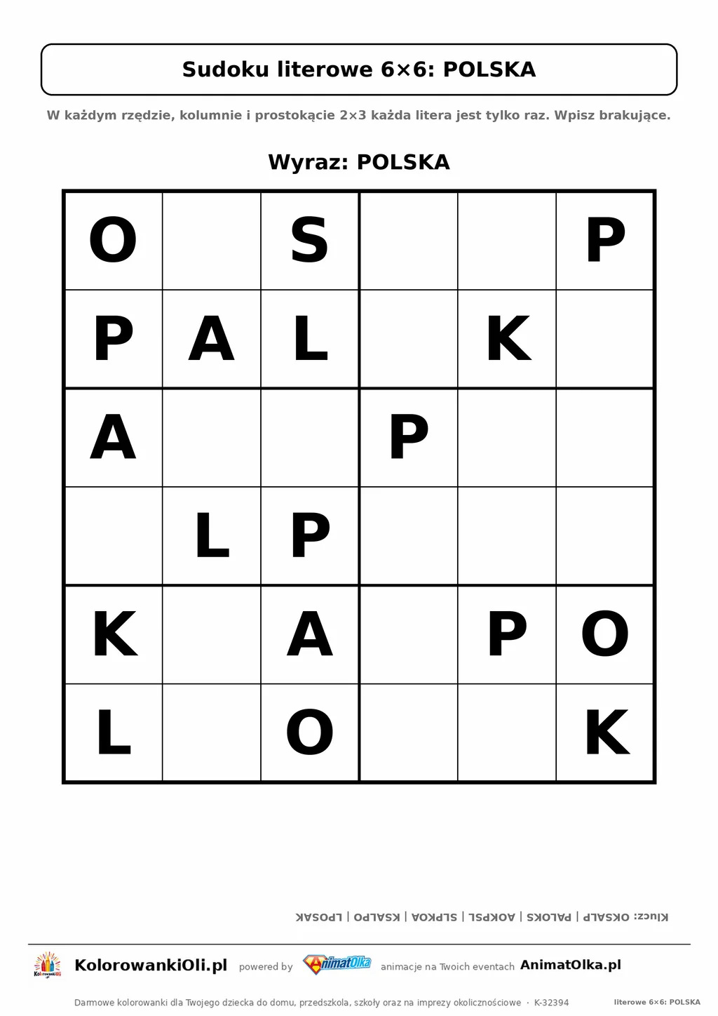 Sudoku literowe 6×6 z wyrazem POLSKA — karta pracy do druku dla klas 1–2, 18 podpowiedzi i klucz odpowiedzi