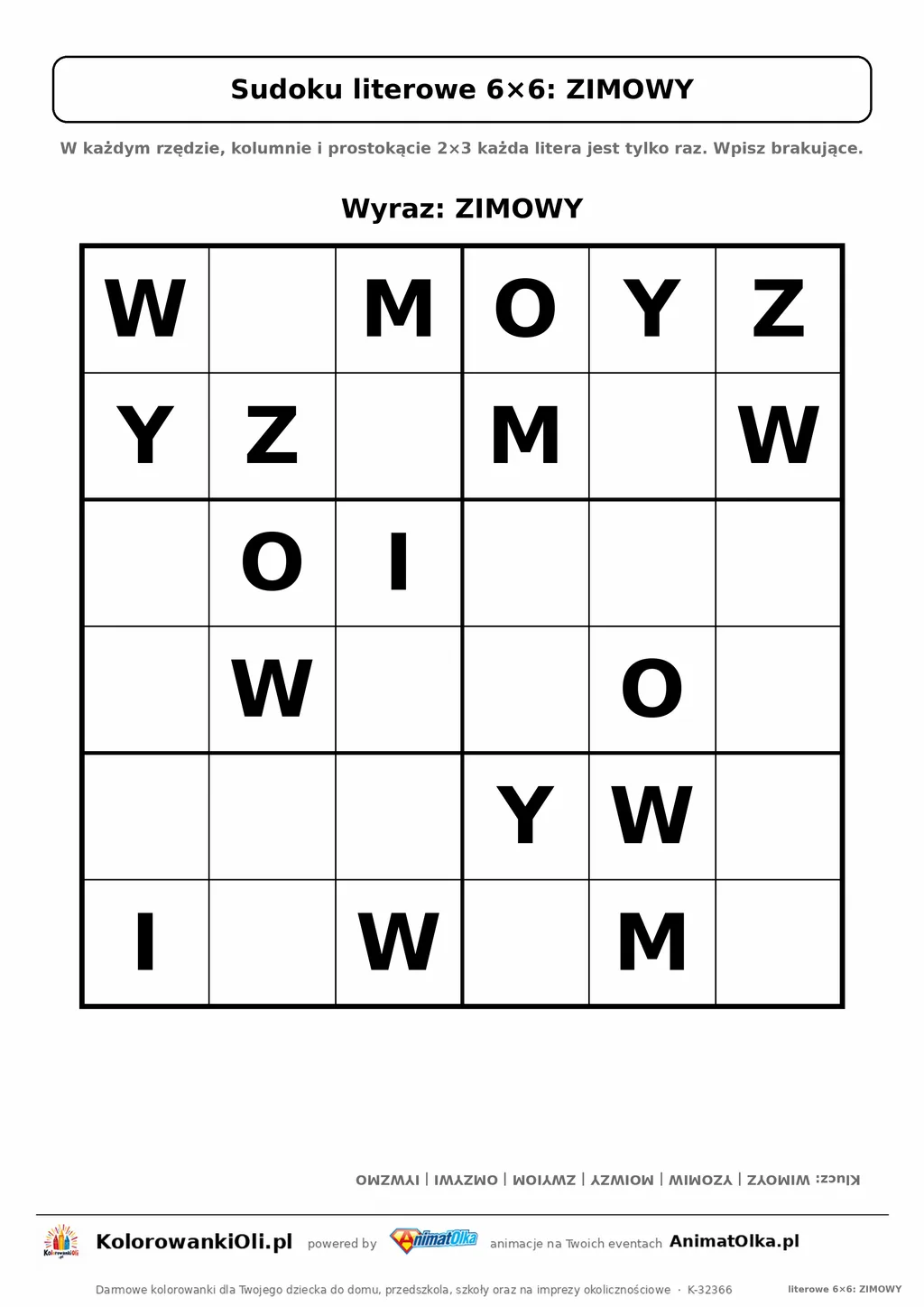 Sudoku literowe 6×6 z wyrazem ZIMOWY — karta pracy do druku dla klas 1–2, 18 podpowiedzi i klucz odpowiedzi