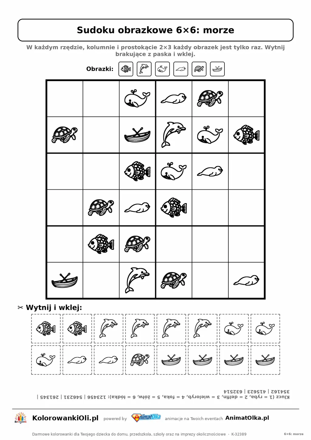 Sudoku obrazkowe 6×6 z motywem morze — karta pracy do druku z 16 kafelkami do wycięcia i kluczem, 6–8 lat