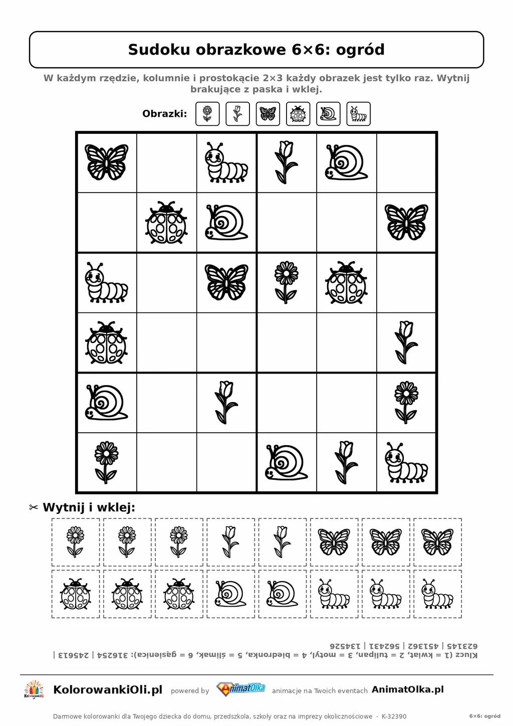 Sudoku obrazkowe 6×6 z motywem ogród — karta pracy do druku z 16 kafelkami do wycięcia i kluczem, 6–8 lat