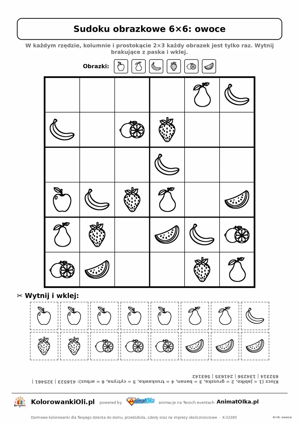 Sudoku obrazkowe 6×6 z motywem owoce — karta pracy do druku z 16 kafelkami do wycięcia i kluczem, 6–8 lat