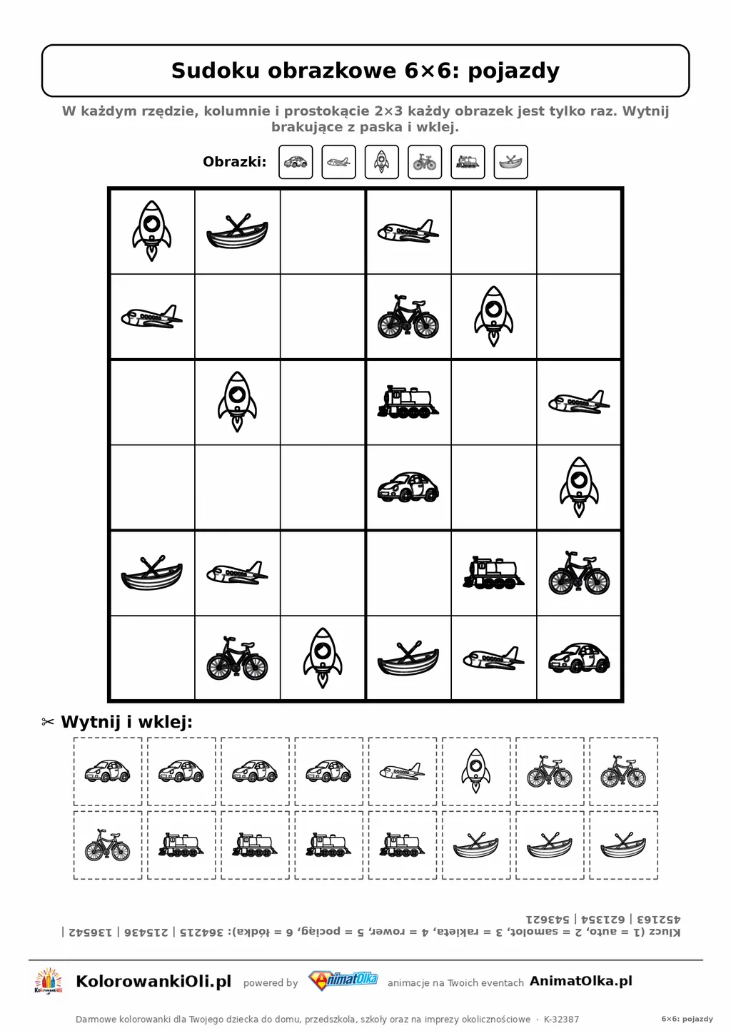 Sudoku obrazkowe 6×6 z motywem pojazdy — karta pracy do druku z 16 kafelkami do wycięcia i kluczem, 6–8 lat