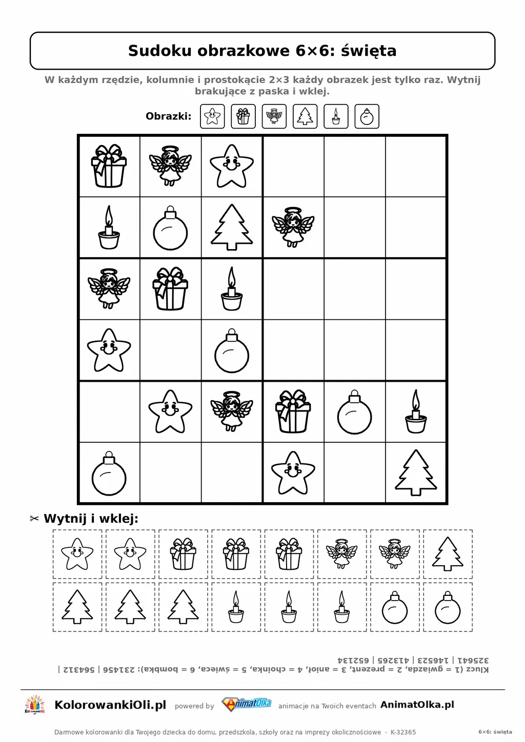 Sudoku obrazkowe 6×6 z motywem święta — karta pracy do druku z 16 kafelkami do wycięcia i kluczem, 6–8 lat