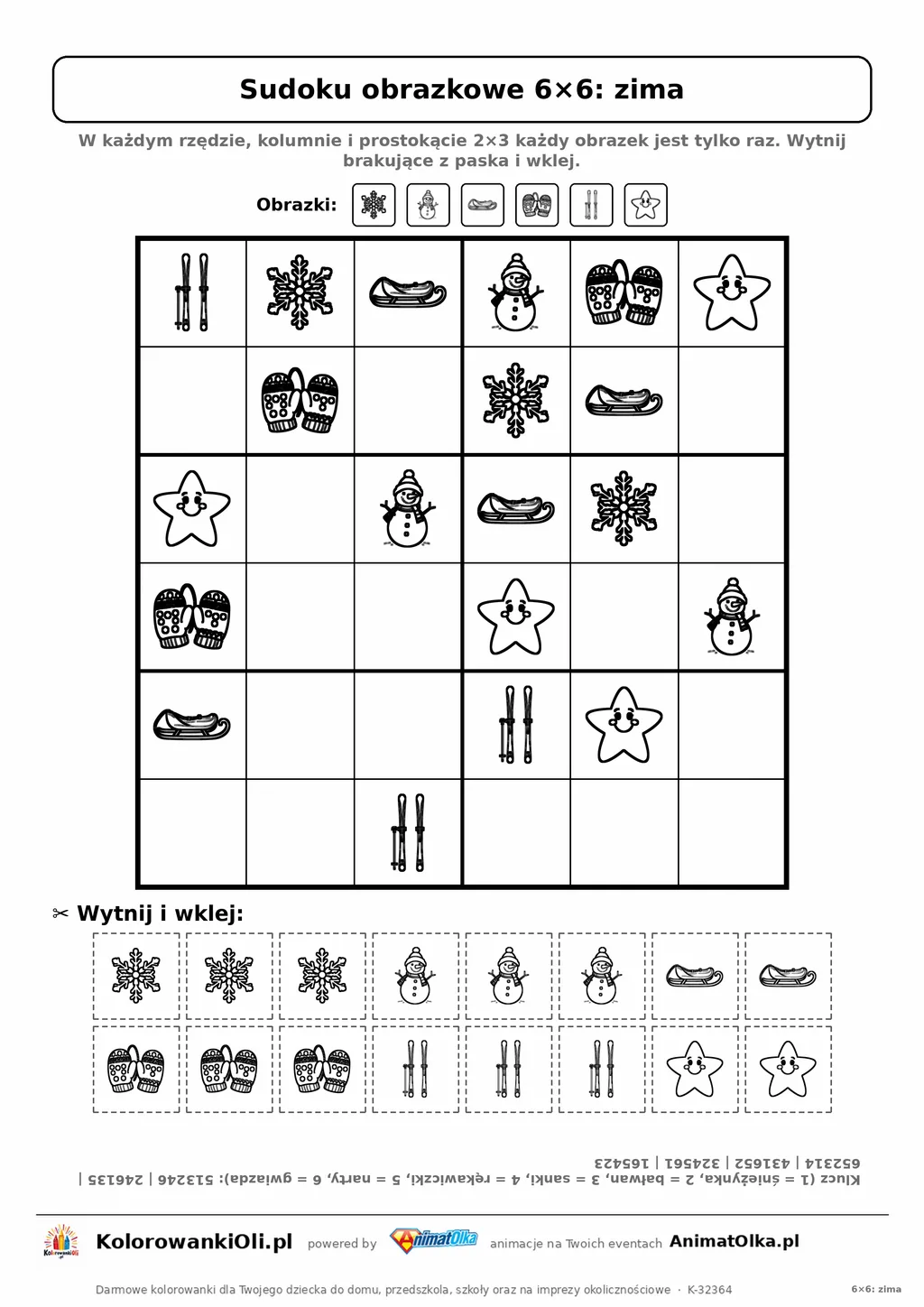 Sudoku obrazkowe 6×6 z motywem zima — karta pracy do druku z 16 kafelkami do wycięcia i kluczem, 6–8 lat