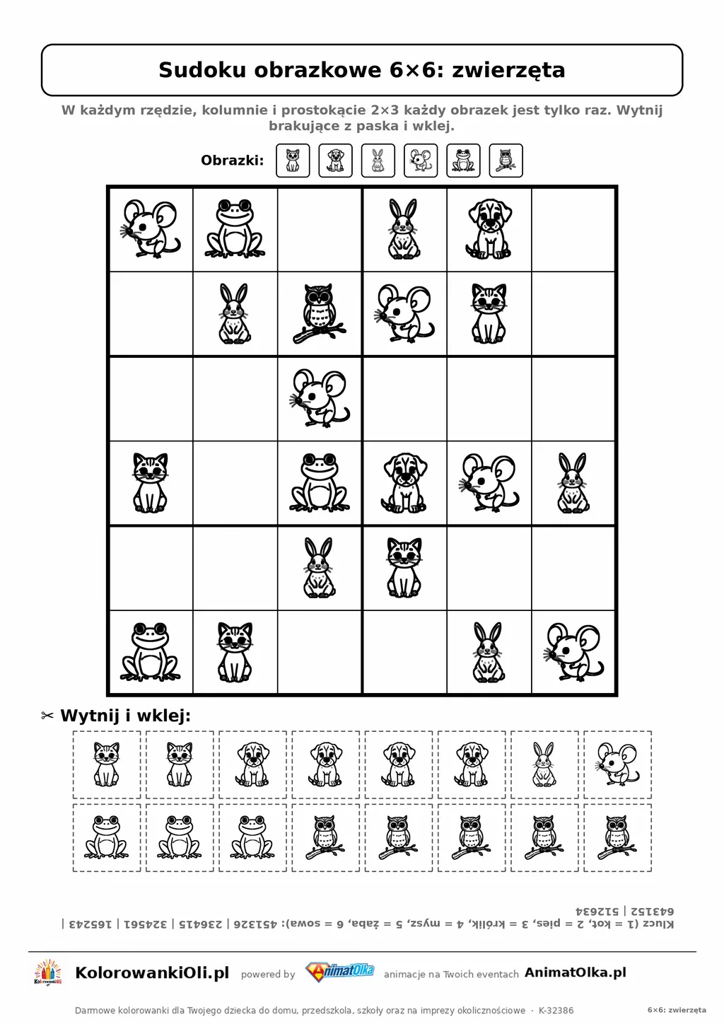 Sudoku obrazkowe 6×6 z motywem zwierzęta — karta pracy do druku z 16 kafelkami do wycięcia i kluczem, 6–8 lat