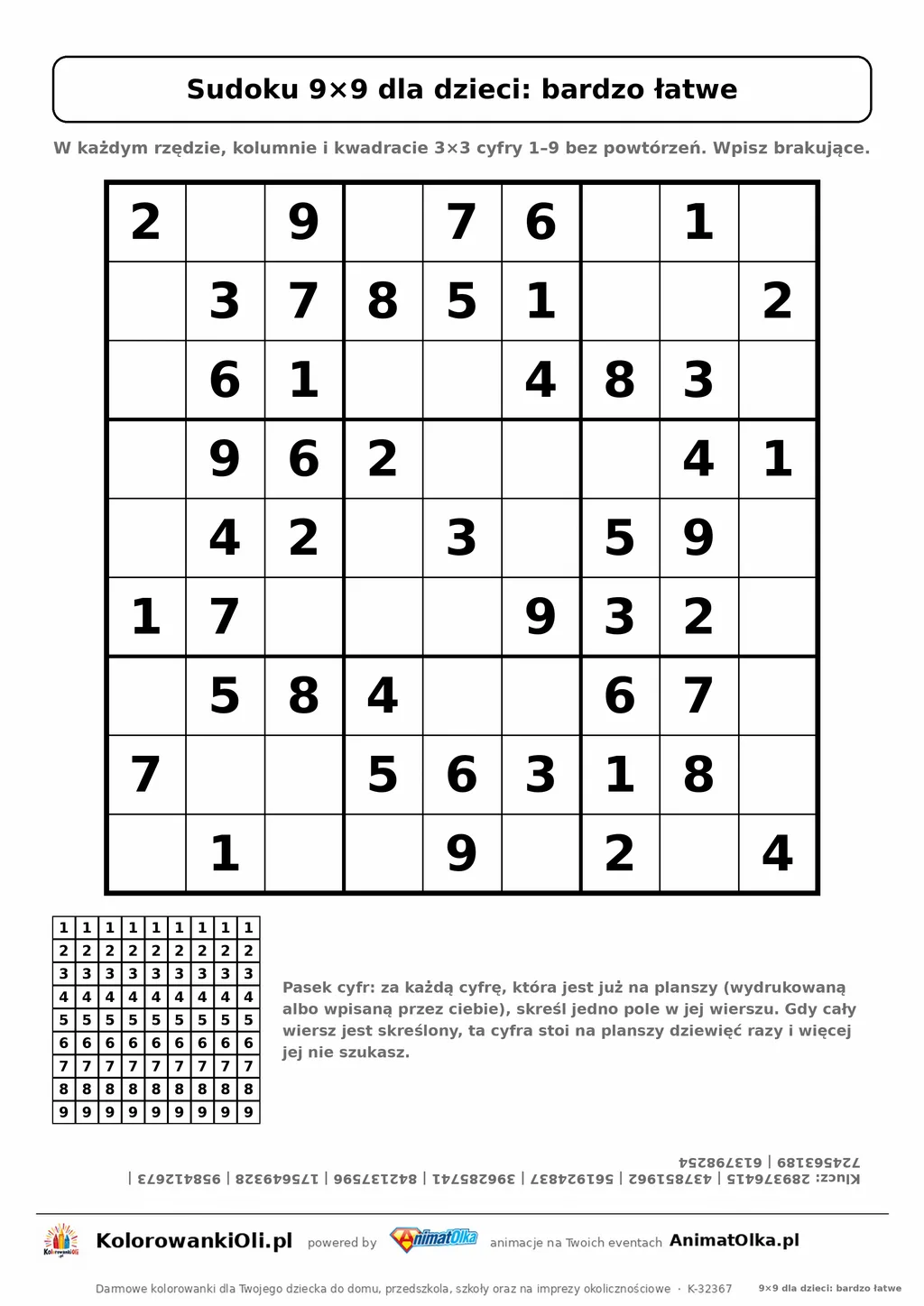 Sudoku 9×9 dla dzieci, bardzo łatwe: klasyczna plansza z 46 podpowiedziami, paskiem cyfr 1–9 do skreślania i kluczem, A4