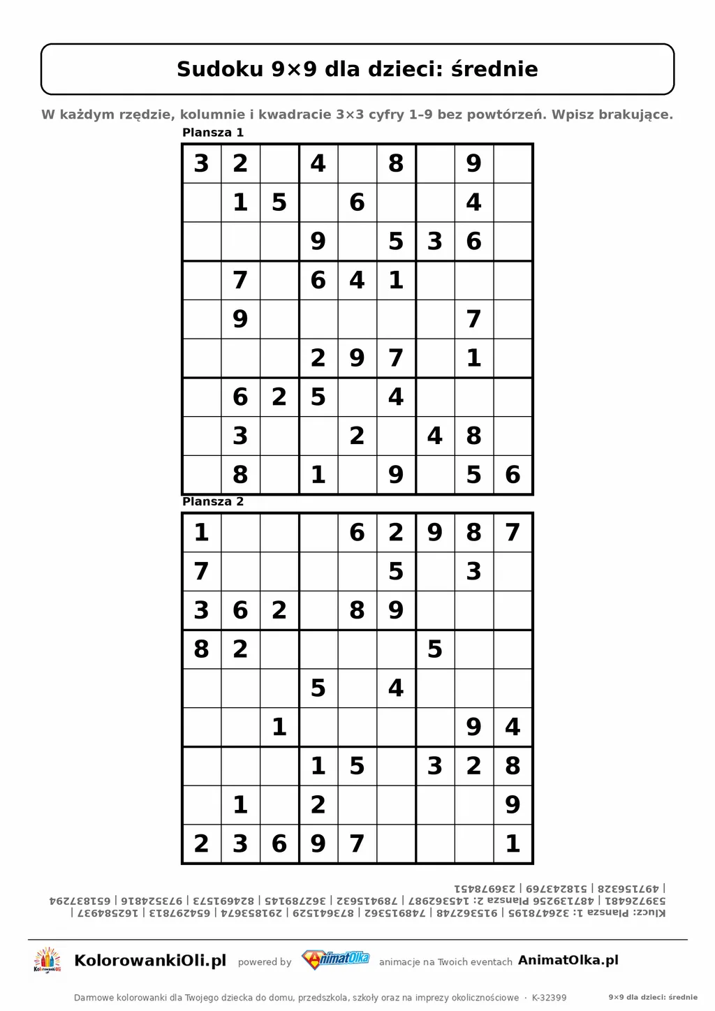 Sudoku 9×9 dla dzieci, średnie: dwie plansze po 36 podpowiedzi na jednej kartce A4, klucz do obu na dole