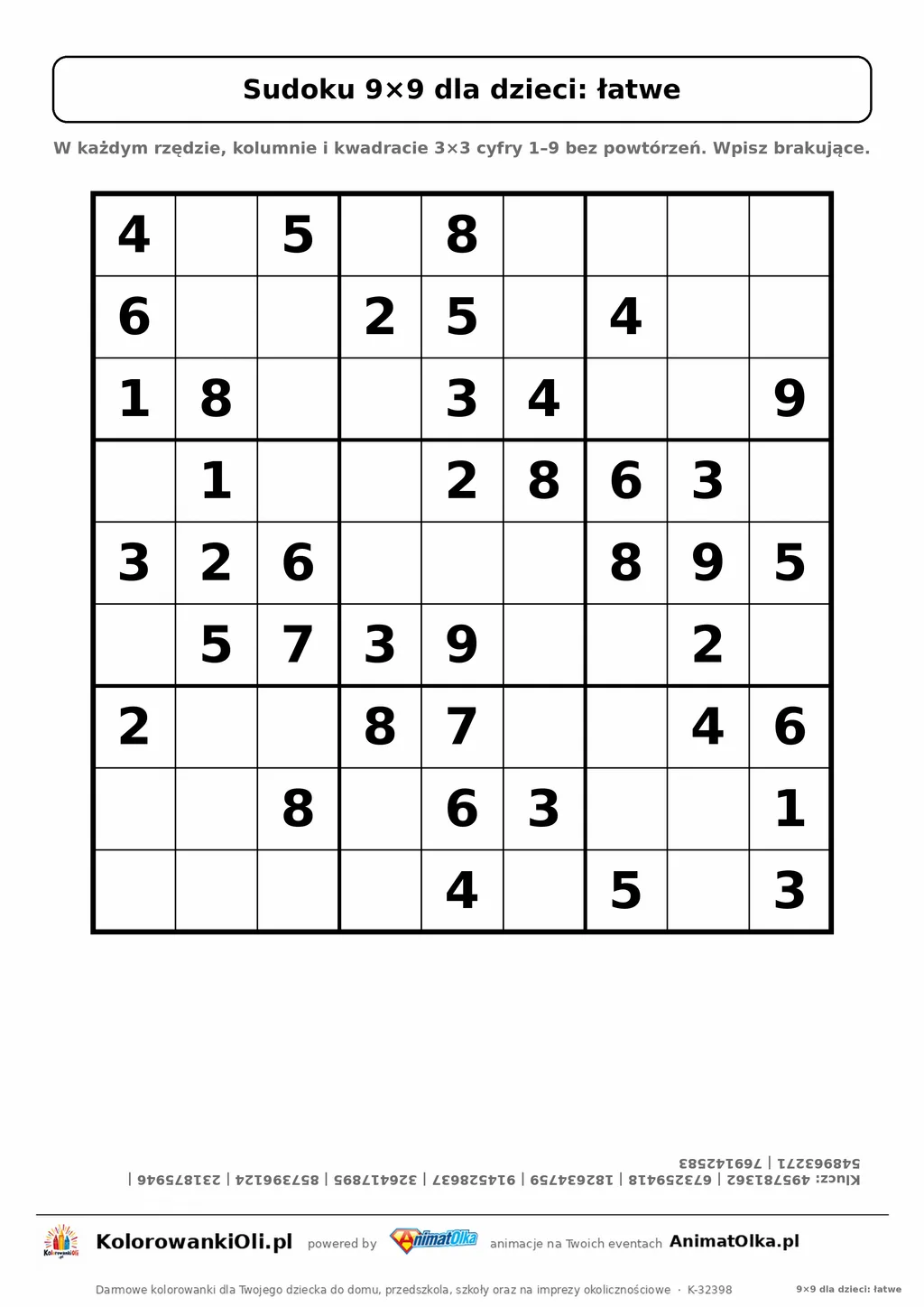 Sudoku 9×9 dla dzieci, łatwe: 40 podpowiedzi, jedna duża plansza na kartce A4 i klucz odpowiedzi do góry nogami