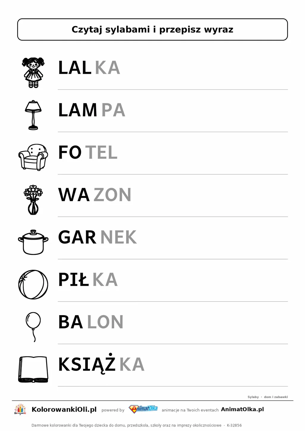 Czytanie sylabami dom i zabawki — karta do druku: 8 wyrazów podzielonych na sylaby z obrazkami (LAL-KA, LAM-PA, FO-TEL)