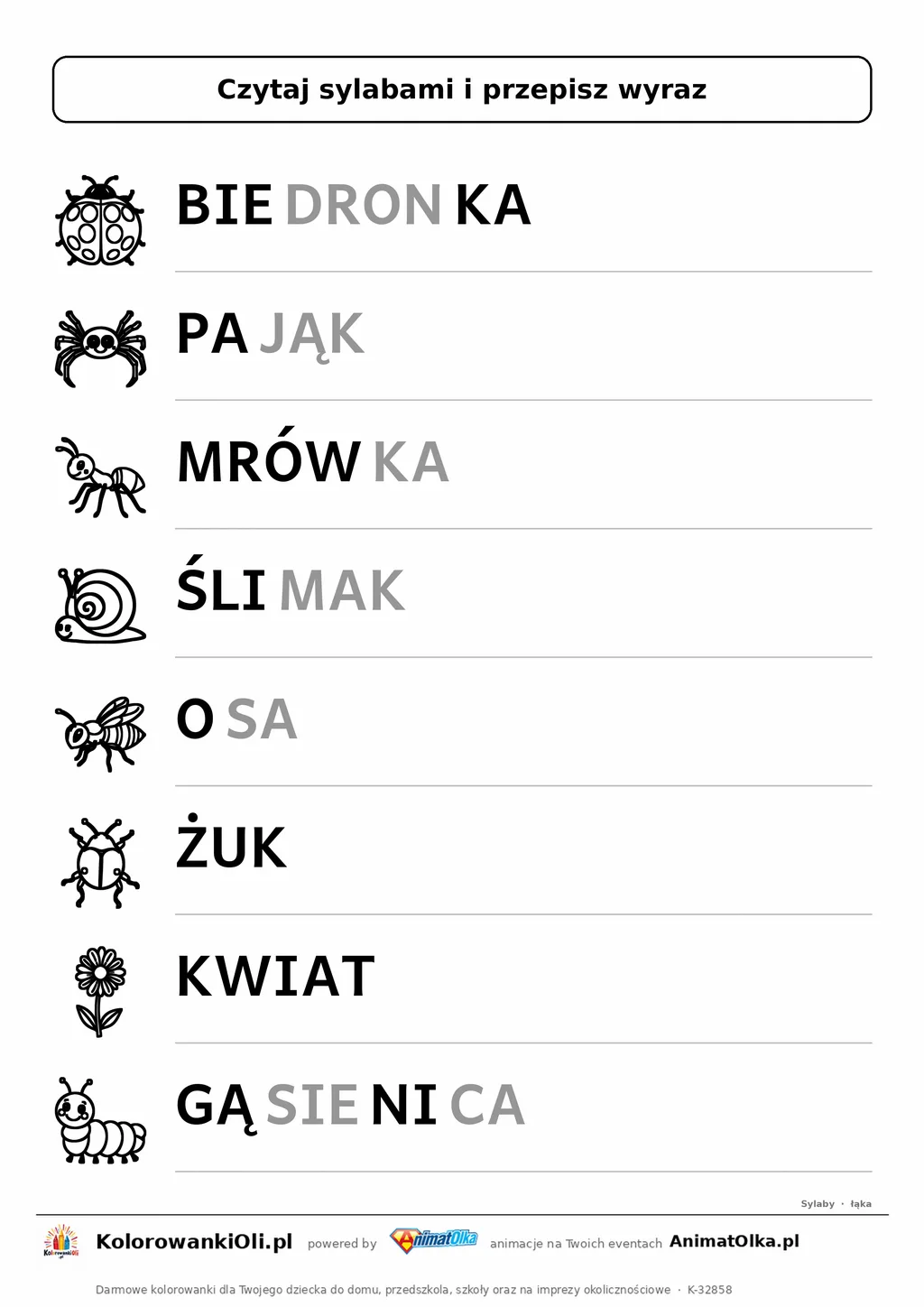 Czytanie sylabami łąka — karta do druku: 8 wyrazów podzielonych na sylaby z obrazkami (BIE-DRON-KA, PA-JĄK, MRÓW-KA)