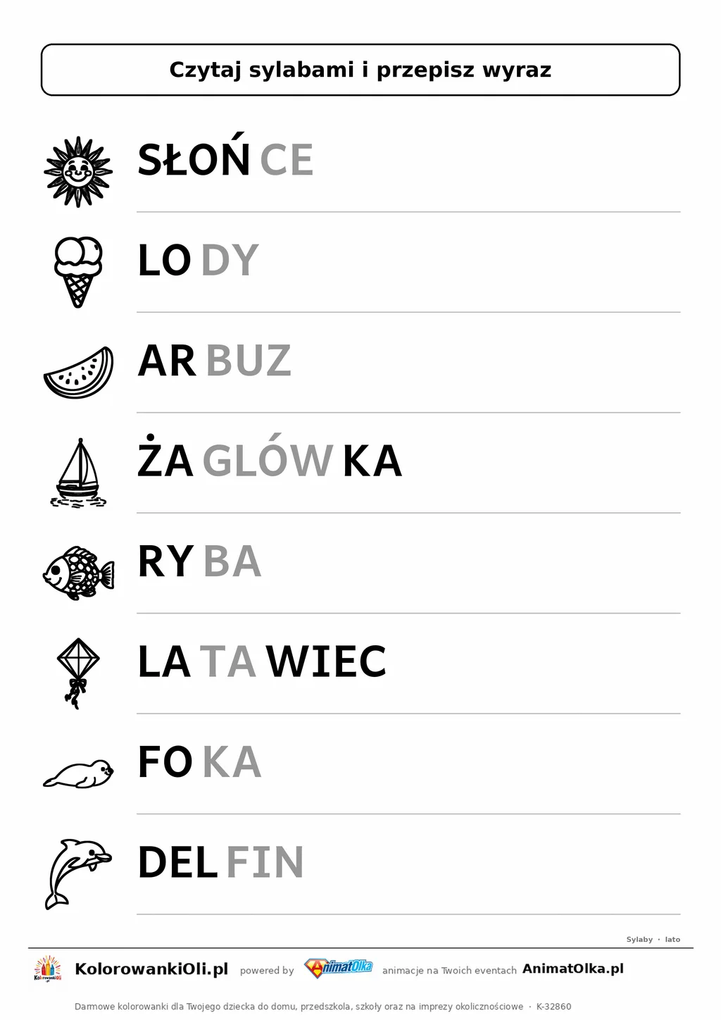 Czytanie sylabami lato — karta do druku: 8 wyrazów podzielonych na sylaby z obrazkami (SŁOŃ-CE, LO-DY, AR-BUZ)