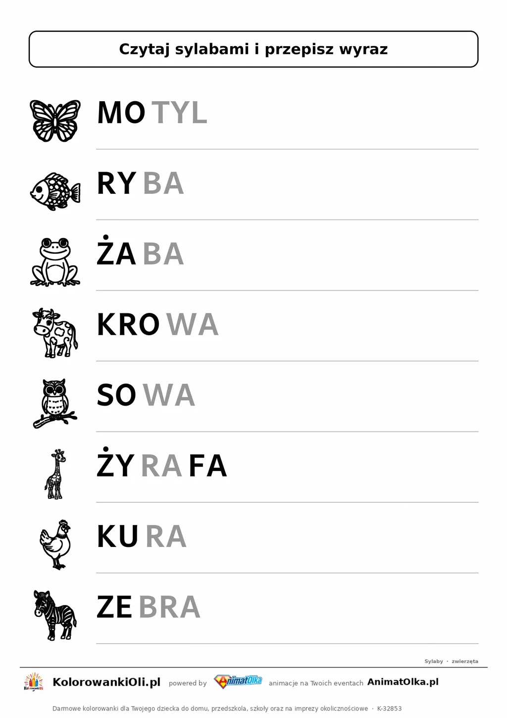 Czytanie sylabami zwierzęta — karta do druku: 8 wyrazów podzielonych na sylaby z obrazkami (MO-TYL, RY-BA, ŻA-BA)