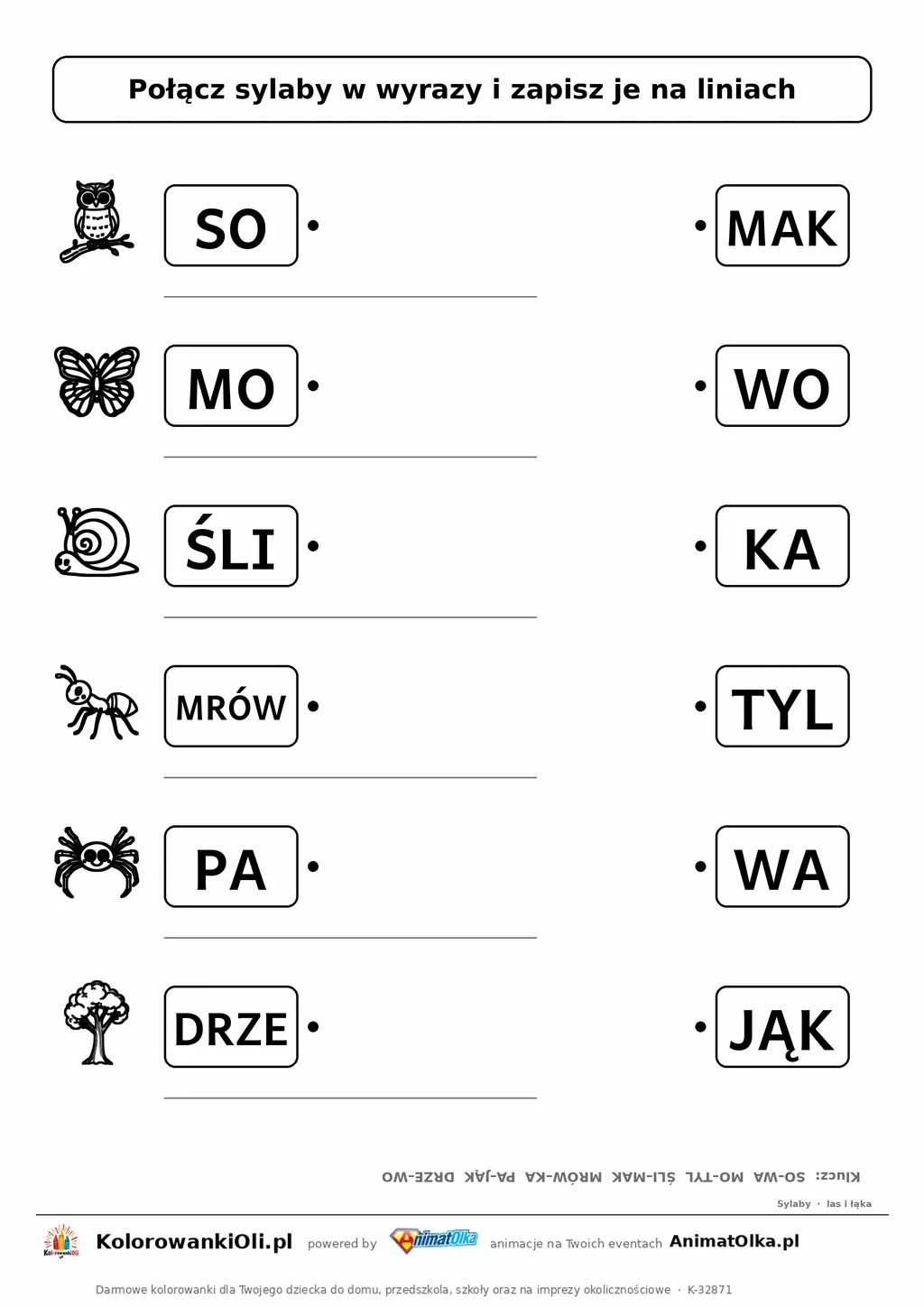 Połącz sylaby las i łąka — karta do druku: 6 wyrazów dwusylabowych, pierwsze sylaby przy obrazkach, drugie pomieszane, klucz
