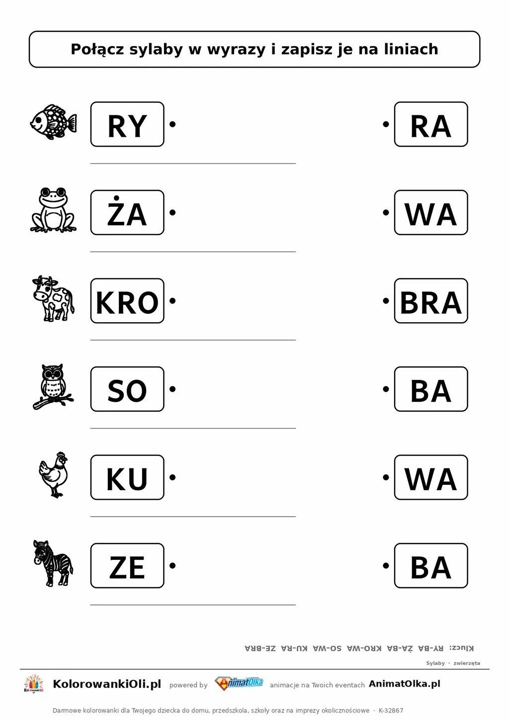 Połącz sylaby zwierzęta — karta do druku: 6 wyrazów dwusylabowych, pierwsze sylaby przy obrazkach, drugie pomieszane, klucz