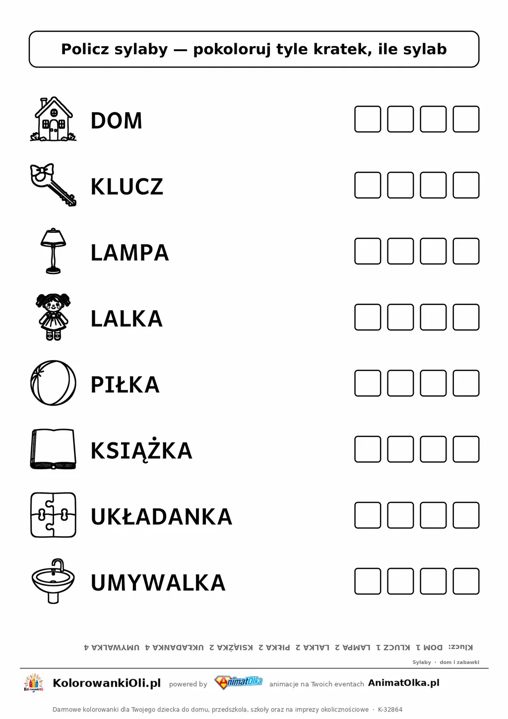 Policz sylaby dom i zabawki — karta do druku z obrazkami i kratkami do pokolorowania, 8 wyrazów od 1 do 4 sylab, z kluczem