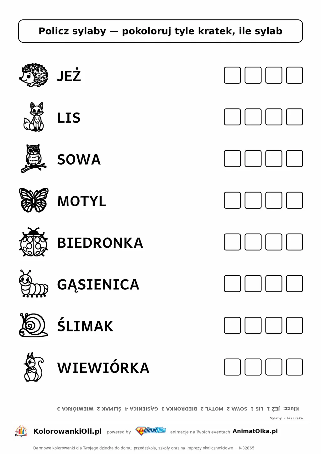 Policz sylaby las i łąka — karta do druku z obrazkami i kratkami do pokolorowania, 8 wyrazów od 1 do 4 sylab, z kluczem