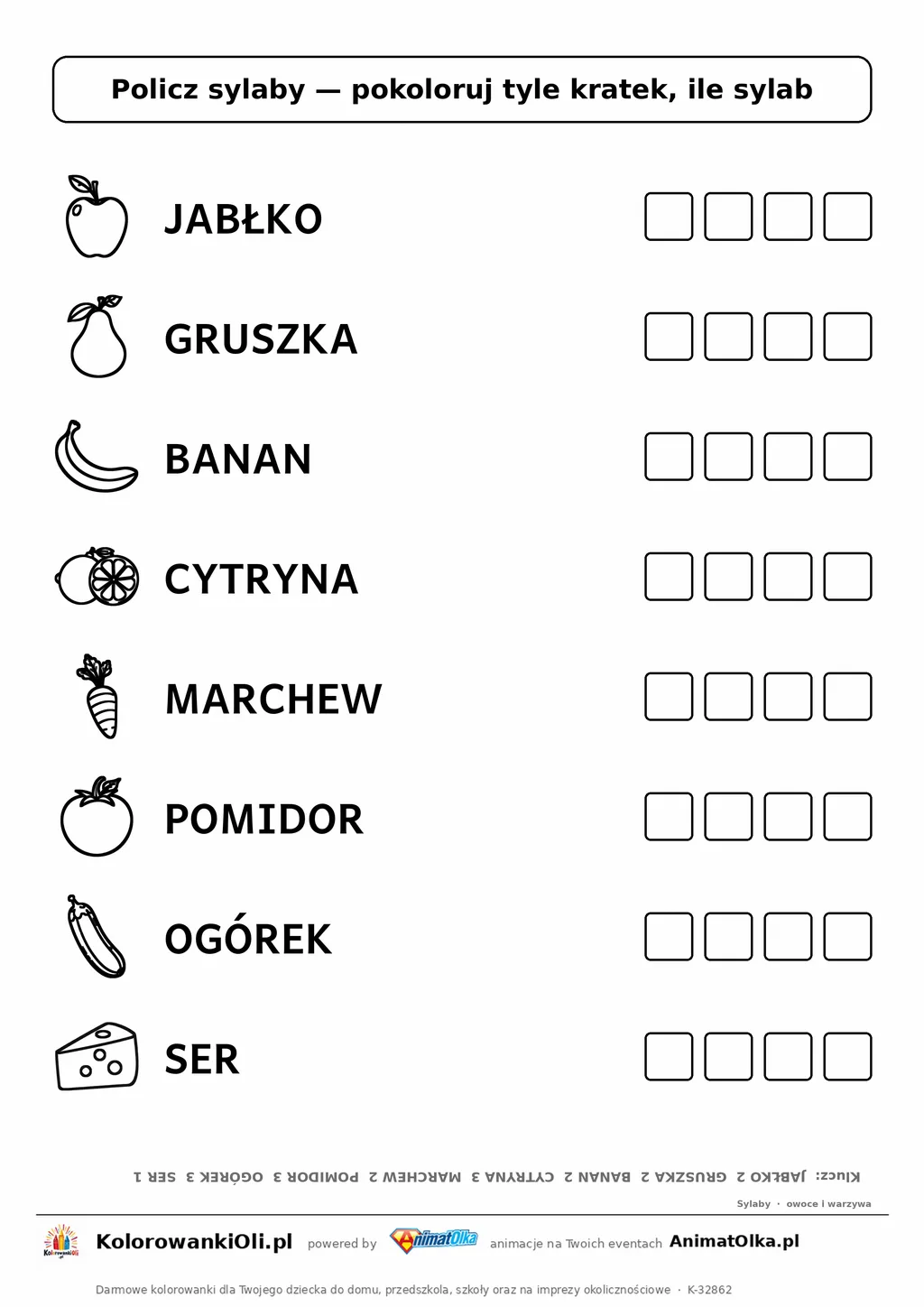 Policz sylaby owoce i warzywa — karta do druku z obrazkami i kratkami do pokolorowania, 8 wyrazów od 1 do 3 sylab, z kluczem