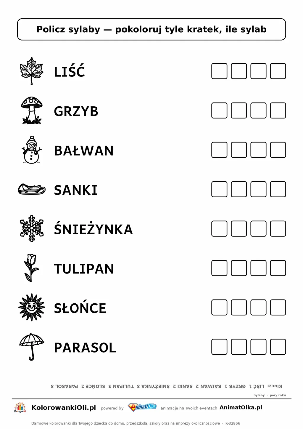 Policz sylaby pory roku — karta do druku z obrazkami i kratkami do pokolorowania, 8 wyrazów od 1 do 3 sylab, z kluczem