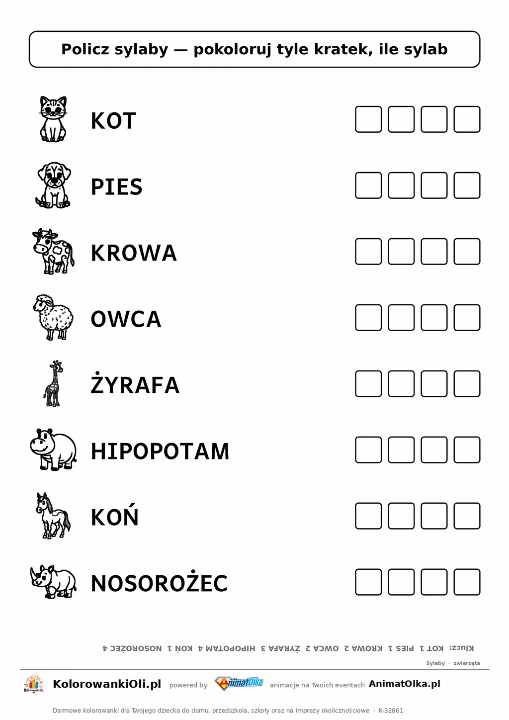 Policz sylaby zwierzęta — karta do druku z obrazkami i kratkami do pokolorowania, 8 wyrazów od 1 do 4 sylab, z kluczem