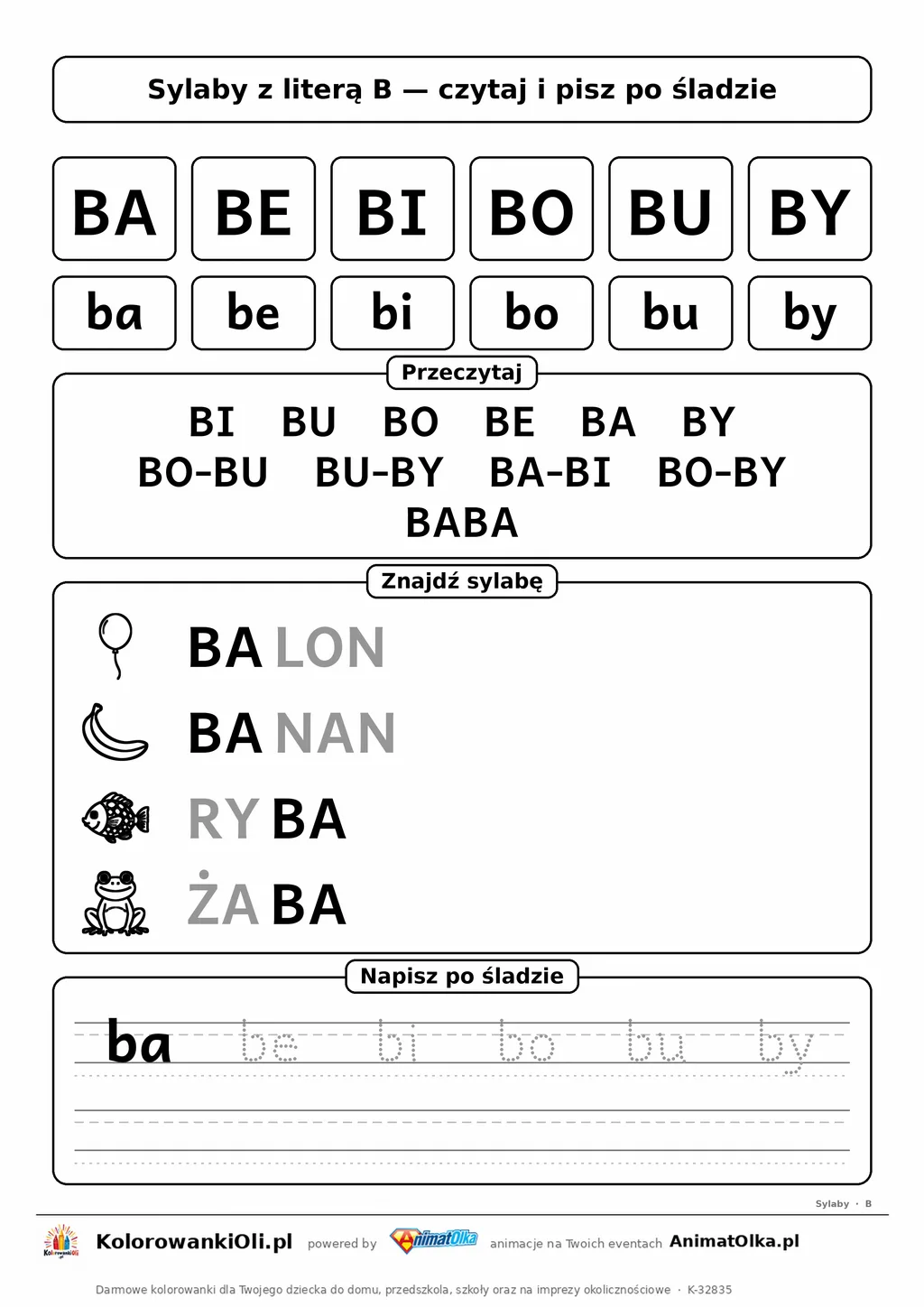Sylaby z literą B (BA, BE, BI, BO, BU, BY) — karta do nauki czytania sylabami z obrazkami i sylabami po śladzie, do druku