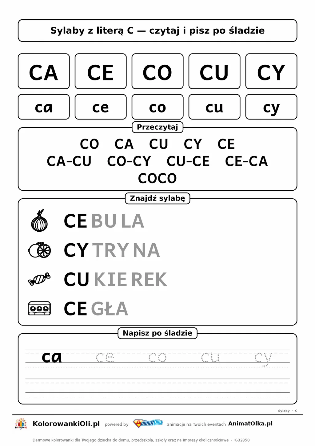 Sylaby z literą C (CA, CE, CO, CU, CY) — karta do nauki czytania sylabami z obrazkami i sylabami po śladzie, do druku