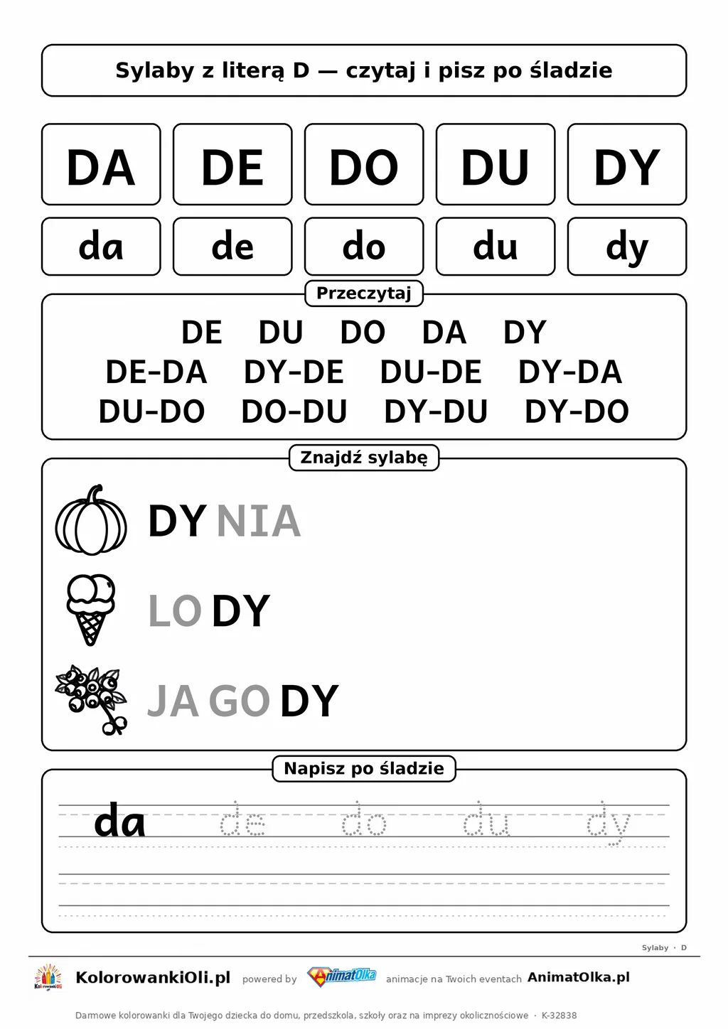 Sylaby z literą D (DA, DE, DO, DU, DY) — karta do nauki czytania sylabami z obrazkami i sylabami po śladzie, do druku