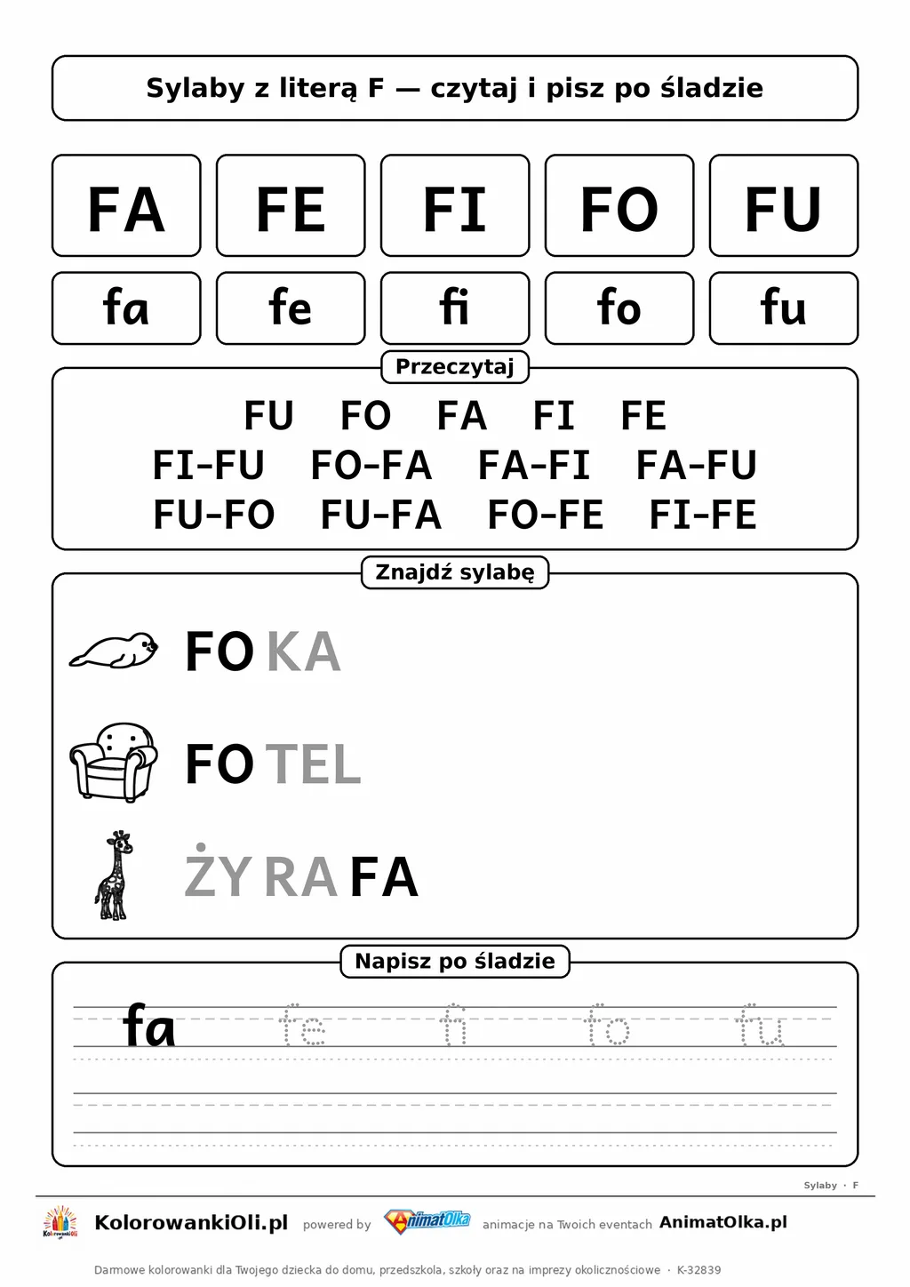 Sylaby z literą F (FA, FE, FI, FO, FU) — karta do nauki czytania sylabami z obrazkami i sylabami po śladzie, do druku
