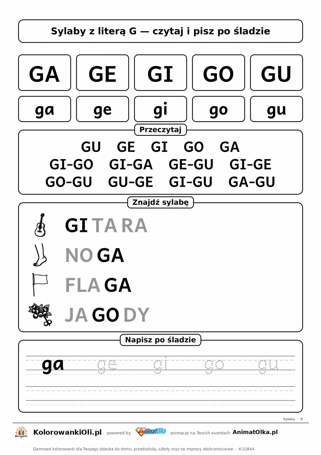 Sylaby z literą G (GA, GE, GI, GO, GU) — karta do nauki czytania sylabami z obrazkami i sylabami po śladzie, do druku