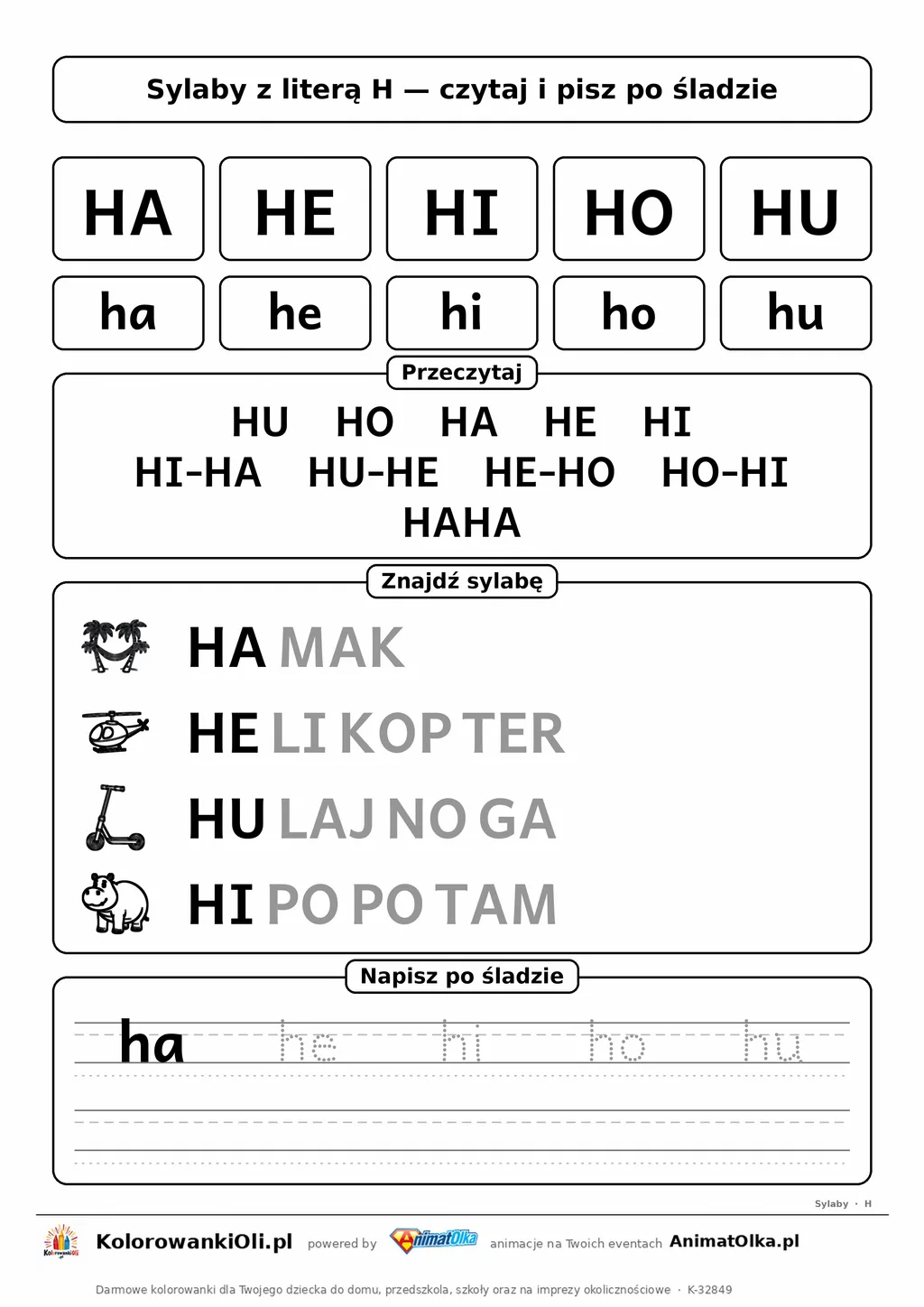 Sylaby z literą H (HA, HE, HI, HO, HU) — karta do nauki czytania sylabami z obrazkami i sylabami po śladzie, do druku