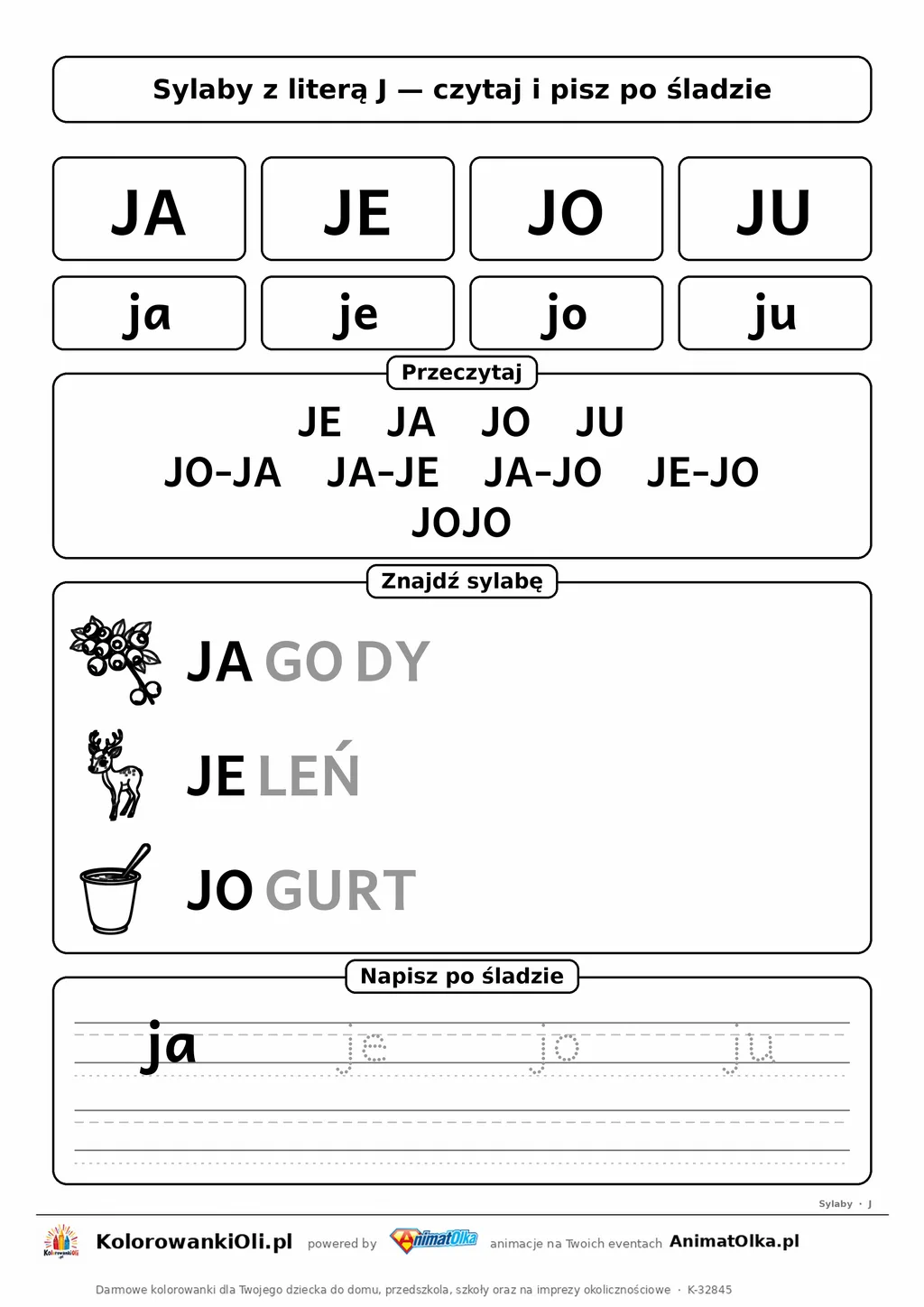 Sylaby z literą J (JA, JE, JO, JU) — karta do nauki czytania sylabami z obrazkami i sylabami po śladzie, do druku