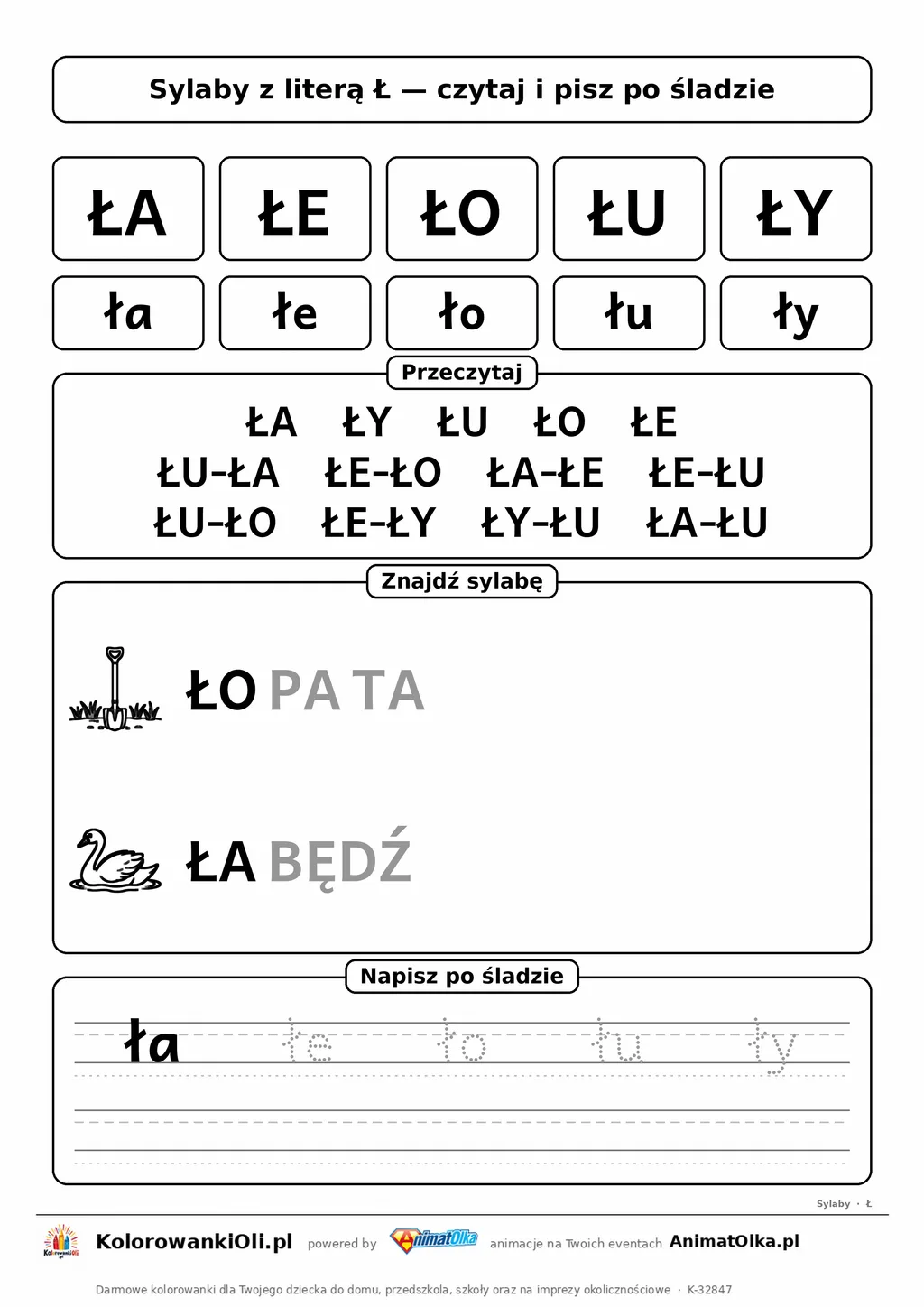 Sylaby z literą Ł (ŁA, ŁE, ŁO, ŁU, ŁY) — karta do nauki czytania sylabami z obrazkami i sylabami po śladzie, do druku